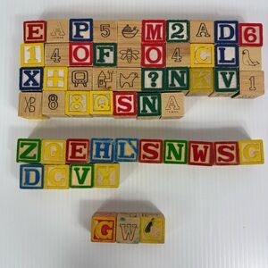 Vintage Wood Alphabet Building Blocks Wooden Letter Number Picture Lot of 54